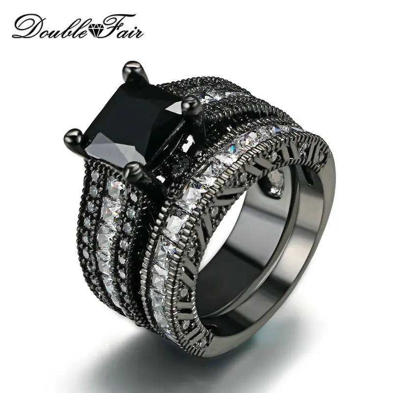 

Top Quality Square Cut Black Nano & Clear Crystal Rings Sets Cubic Zirconia Black Gold Color Fashion Brand Women Jewelry DFR627