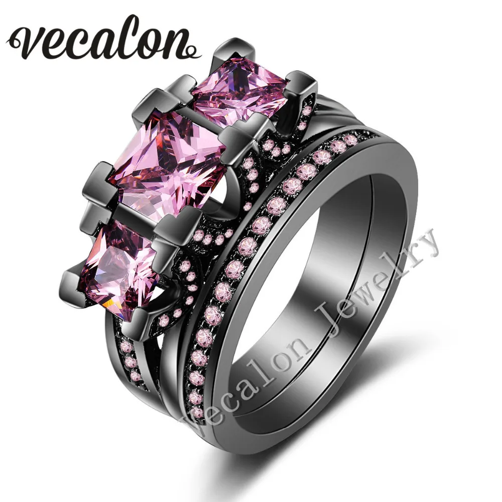 vecalon black gold filled women engagement wedding band ring set pink stone 5a zircon 925 sterling - Black And Pink Wedding Ring Sets vecalon black gold filled women engagement wedding band ring set pink stone 5a zircon 925 sterling - Black And Pink Wedding Ring Sets