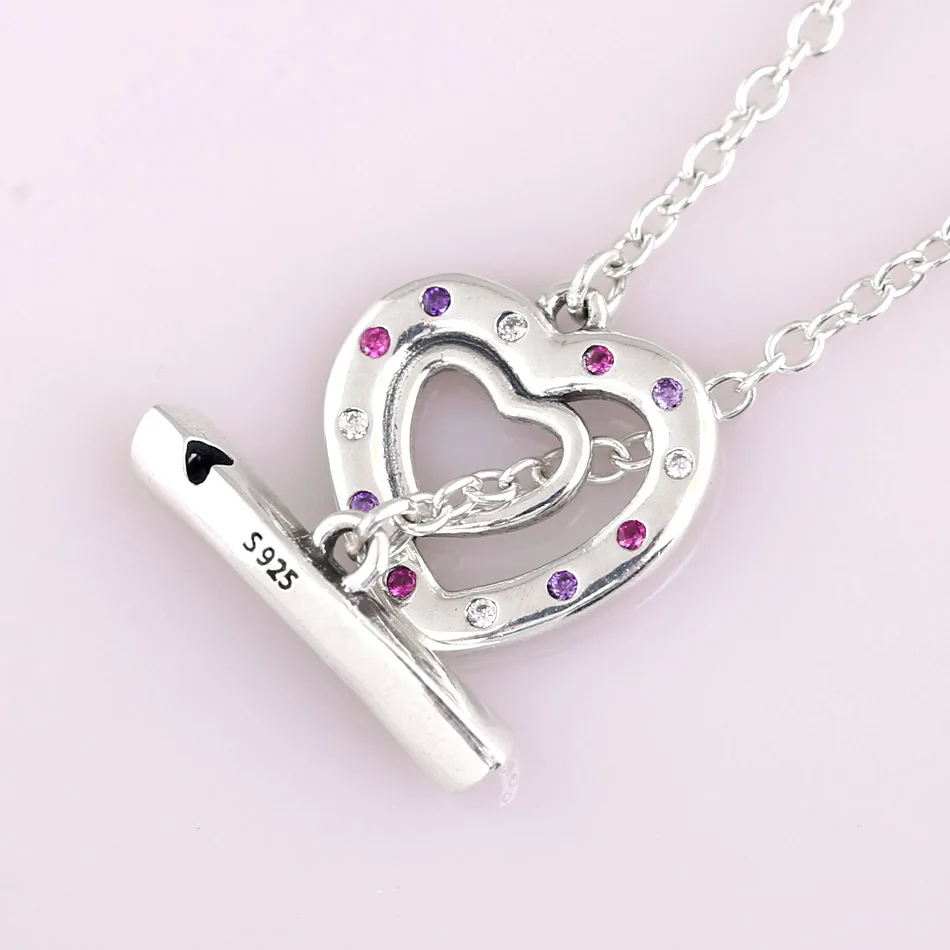 

New Bright Hearts Toggle Closure With Cryatal Necklace For Women Wedding Gift Pandora Diy Jewelry 925 Sterling Silver Necklace
