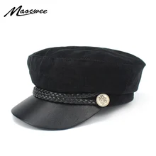 Весенняя женская шапка из искусственной кожи в стиле милитари с цепочкой для взрослых, черные плоские шапки Newsboy с вышивкой, кружевная Кепка в армейском стиле, повседневная мягкая теплая Кепка