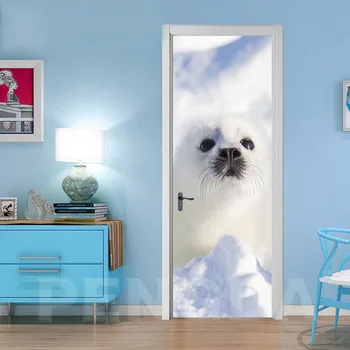 

Home Decor Paste Self Adhesive Animal Snow Leopard 3D Door Sticker Canvas Print Art Color Bricks Pulling Door Waterproof Picture