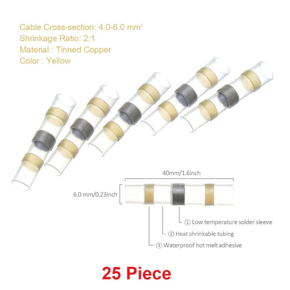 100 шт Водонепроницаемый оловянный припой уплотнение электрические соединители термоусадочные стыковые соединители водонепроницаемый провод соединители AWG 26 to10 - Цвет: yellow 25