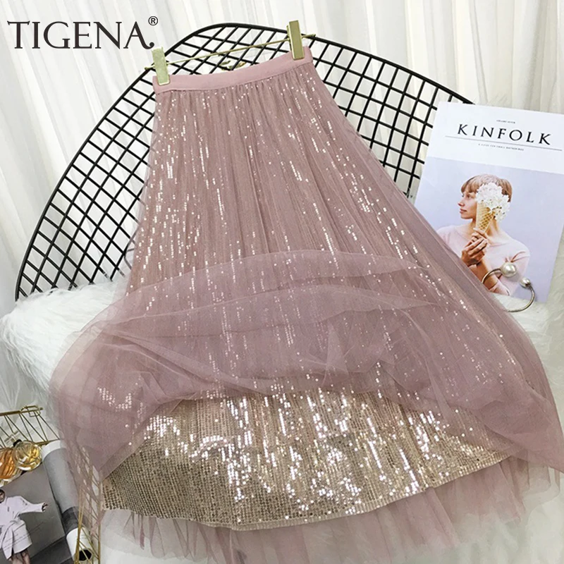 

TIGENA 4 Layers Fashion Sequin Tulle Skirt Women 2019 Spring Summer Korean Long Maxi Skirt Female High Waist Pleated Skirt Pink