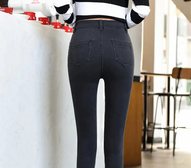 Высокая талия джинсы для женщин Весна и осень Новый Черный Эластичные Брюки зауженные брюки удлиненный