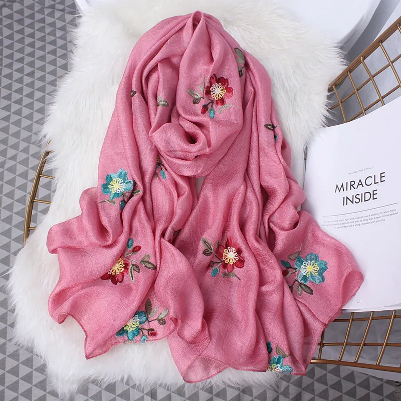 

women winter linen scarf embroidered flowers for ladies pashimina silk scarves shawl beach stoles hijab foulard female