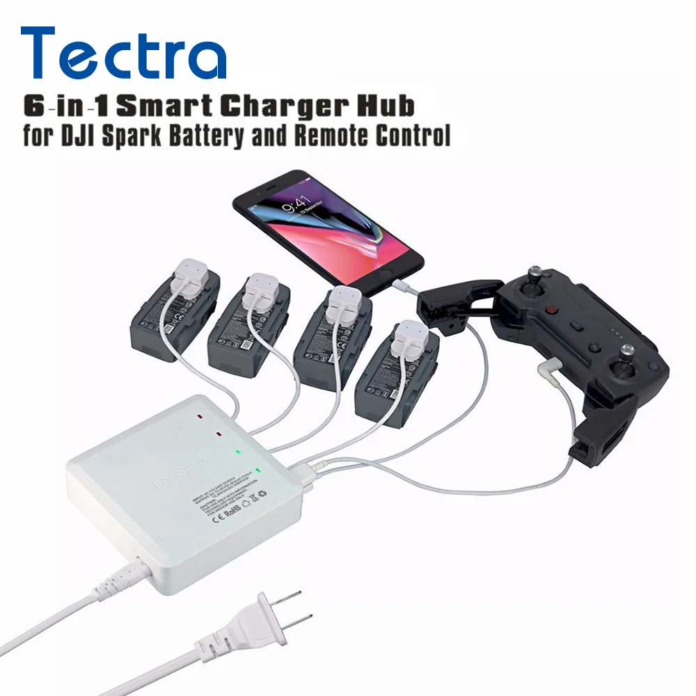 

1 Pack 6 in 1 Rapid Multi Battery Intelligent Charger Hub for DJI Spark (Charge 4 Batteries Simultaneously & 2 USB Ports)