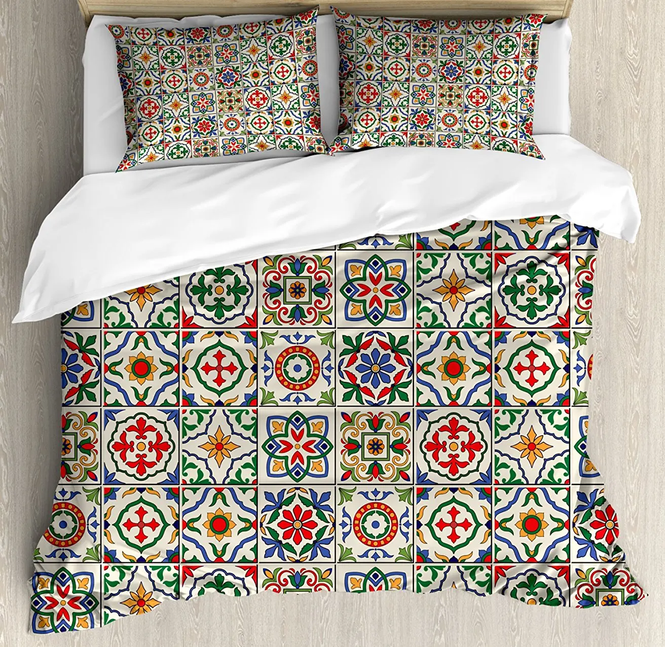 Duvet Cover Set Azulejo Pattern Portuguese Ornamental Abstract Floral Arrangements Leaves 4