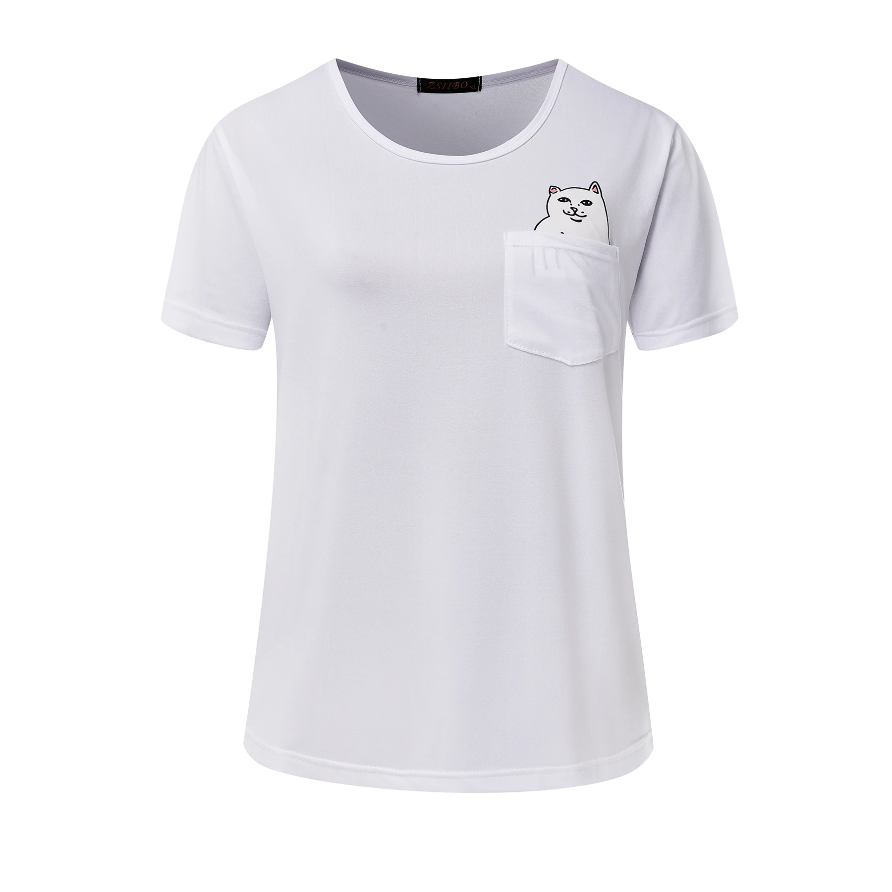 Летняя женская футболка в европейском стиле с карманом и котом, Повседневная футболка с коротким рукавом, топы для женщин размера плюс, женская одежда ZSIIBO - Цвет: White