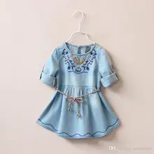 Christmas New Kids Girls Floral Embroidery Denim Dress Ruffles with Belts Fall Winter Party Dress 5pcs/lot Wholesale