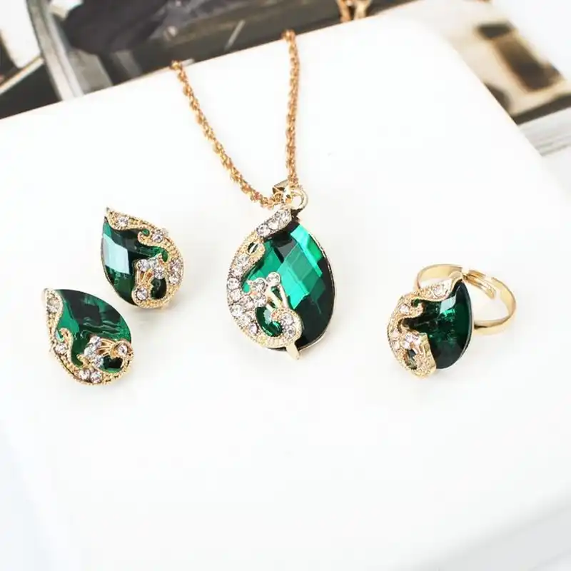 Jewelry Peacock Shape Crystal Earrings Necklace Adjustable Rings