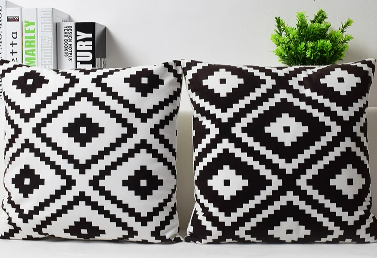 Plain Geometric Velvet Cushion Cover Black White Geometric Pattern