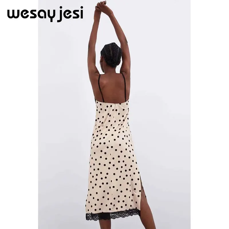 2019 اللباس النساء vestidos انكلترا نمط ألف خط نقطة طباعة أكمام الدانتيل السباغيتي حزام v الرقبة vestidos دي فييستا حزب اللباس