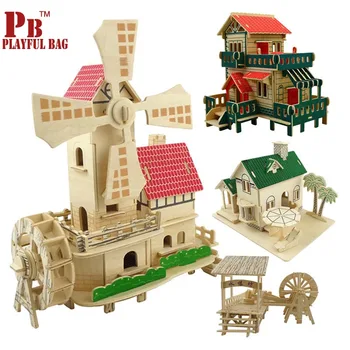 

Wood jigsaw Building blocks stereoscopic 3D model adult children toy wooden building assembly simulation House Villa