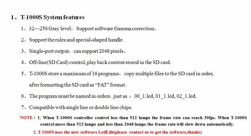 T-1000S, sd-карта светодиодный пиксельный контроллер; off-line; выход сигнала SPI; с одним выходным портом; 2048 пикселей управления светодиодный