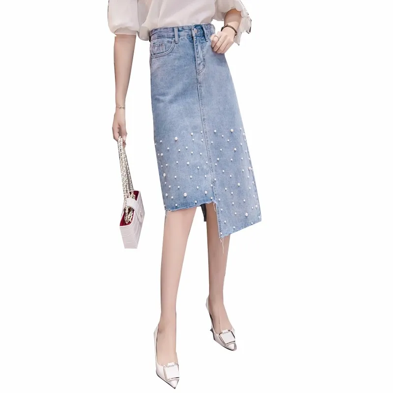 2018 Повседневное деним летняя юбка нерегулярные жемчуг джинсовая юбка Для женщин до середины икры юбка Уличная бахромой подол юбки