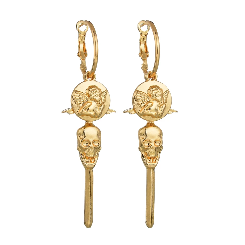 

2019 Unique Design Women Metal Jewelry Gold Silver Color Angel Wings Cameo Earrings Long Skeleton Drop Earrings For Girls Gifts
