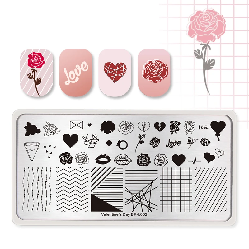 

BORN PRETTY Nail Stamping Template Valentine's Day Theme Rectangle Line Rose Flower Love Wedding Nail Art Tool
