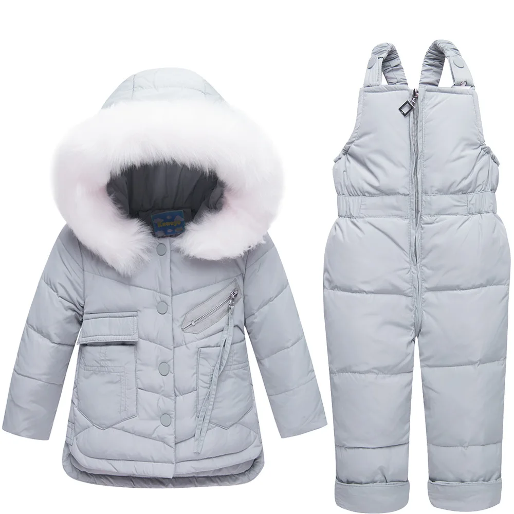 

Children Boy Girl Winter Clothing Sets Fur Hooded Down Jacket Overalls Jumpsuits Snow Wear Kid Outfit 1 2 3 Years