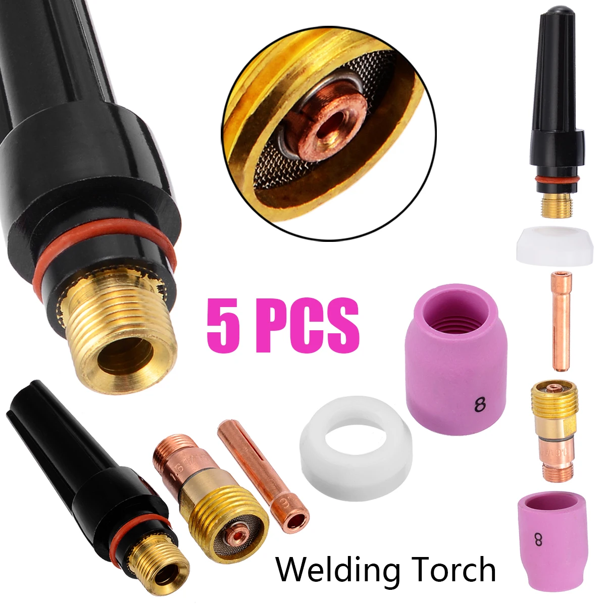 Durable 5pcs/set Welding Torch Stubby Cup Gas Collet Body Lens Kit For Tig WP-17/18/26 1.6mm