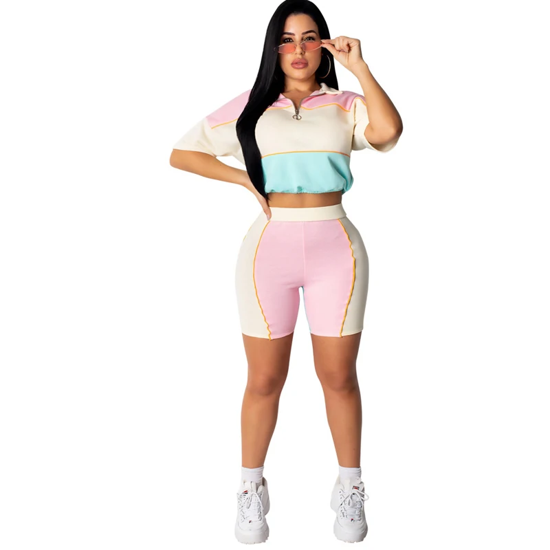 

Summer new stitching contrast color jumpsuit two-piece urban fashion casual one-piece shorts suit