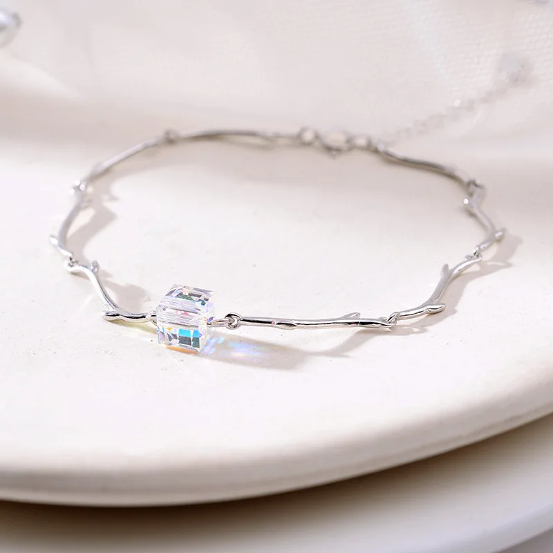 

100% Authentic 925 Sterling Silver Charm Bracelets For Women Geometric Square Crystal Bracelets Silver 925 Jewelry