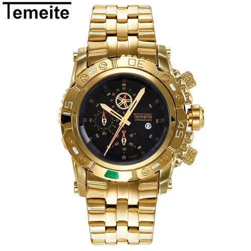 TEMEITE креативные золотые мужские кварцевые наручные часы с 3D циферблатом, полностью стальные водонепроницаемые большие часы с календарем, роскошные часы от ведущего бренда - Цвет: GOLD GOLD BLACK