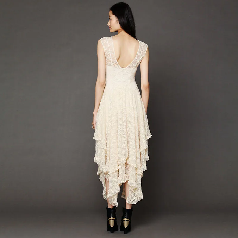 Ahmagen Sexy Irregular Lace Dress Women Hollow Out Elegant Party Dresses Backless Pleated Long Maxi Skater Dress Summer Beach Wear 201710
