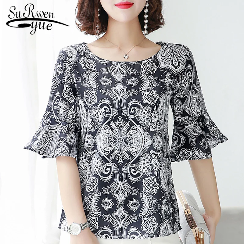 women blouses 2019 womens clothing print chiffon blouse women shirts short sleeve plus size tops womens tops and blouses 4546 50
