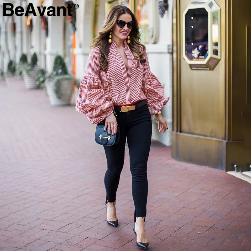 BeAvant Plaid v neck black blouse shirts Women puff sleeve summer blouse tops 2018 Causal striped blue blusas tops shirts female
