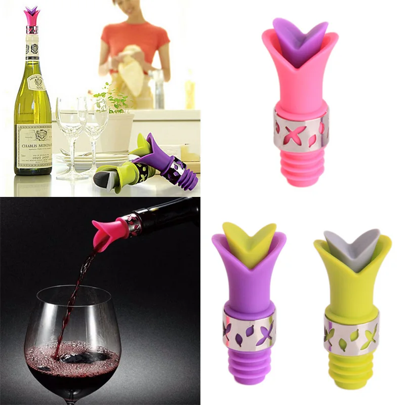 Lily Wine Bottle Stoppers Silicone Approved Food Grade Durable Wine Pourer Kitchen Bar Tools