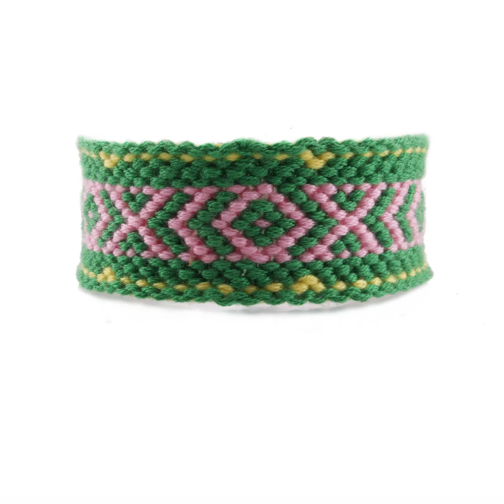multicolored boho chic woven friendship bracelet cute life green pink yellow embroidery thread macrame cross prismatic | Украшения и