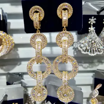 

2019 Charms 3 Tone Flower Statement Long Earrings Luxury Big Drop Wedding Dubai Bride Engagement Earrings Women