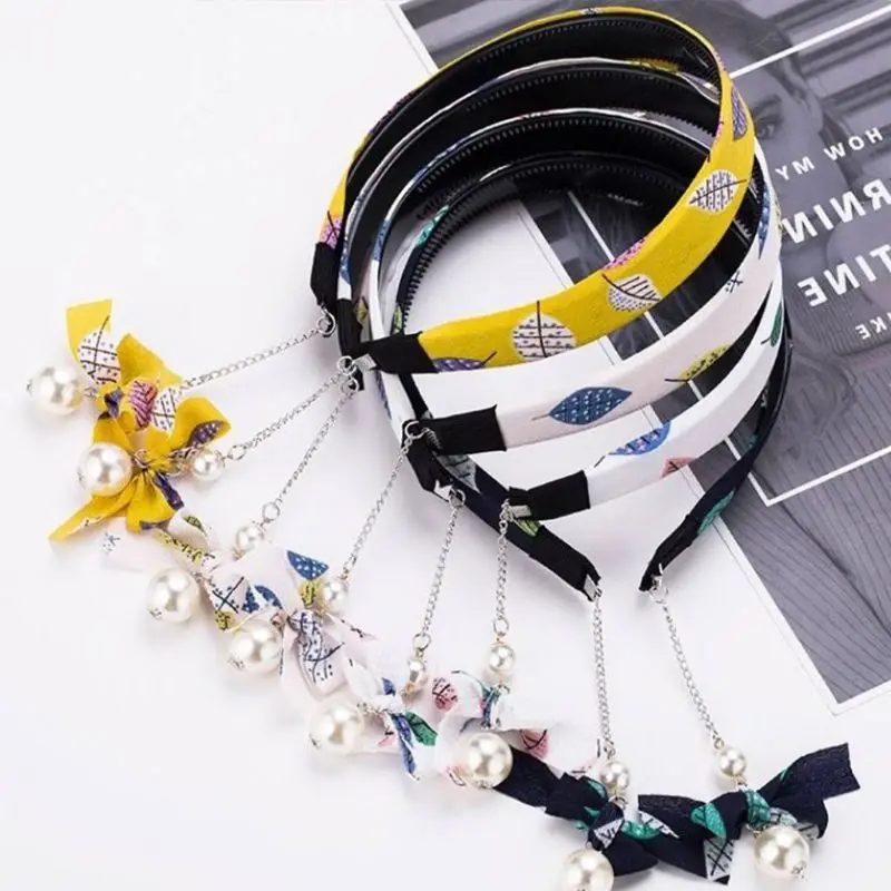 

Children Girls Colored Leaves Print Wide Headband With Fake Earrings Bowknot Imitation Pearl Pendant Tassels Princess Hair Hoop