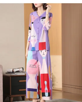 

Miyake Slim Pant Suit Female New Summer Retro Print Pleated Loose Plus Size Wide Leg Pants Two-piece Set Xunmeng