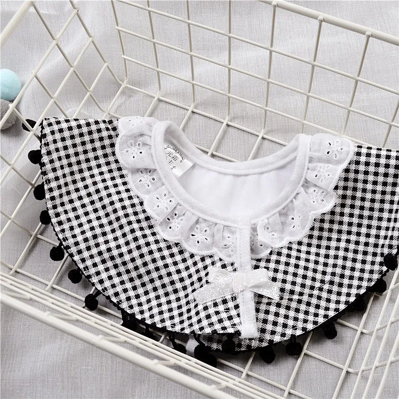 Nordic Style Infant Baby Eatting Bibs Plaid Black White Princess Lace Cotton Waterproof 360 Degree Round Bib (5)