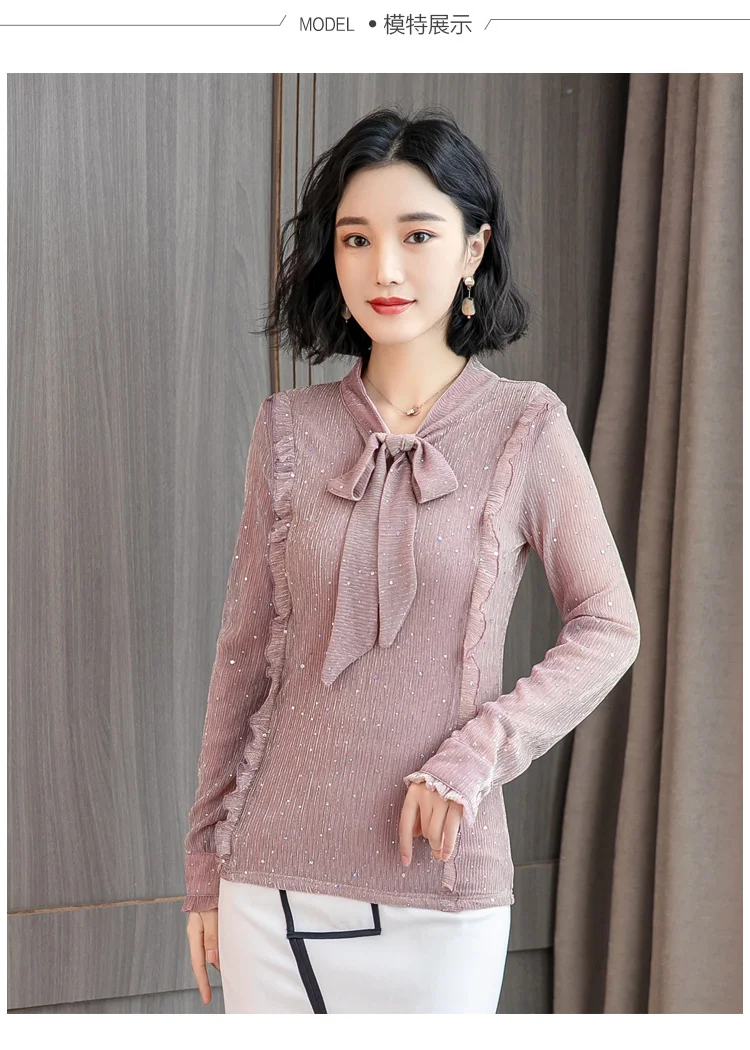 Dingaozlz Корейская Новая женская блузка с галстуком-бабочкой, Повседневная рубашка с длинными рукавами, тонкие топы с оборками, модная шифоновая рубашка