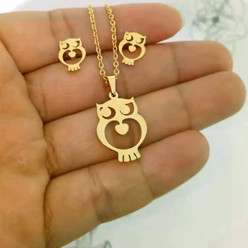 

1 Set Stainless Steel Jewelry Cute Hollow Owl Charms Bird of Minerva Necklace Earrings Gold Jewelry Sets for Women Girls