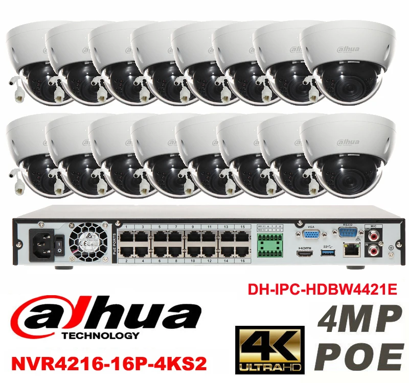 Dahua оригинальный 16CH 4MP H2.64 DHI IPC HDBW4421E 16 шт. сетевая камера POE DAHUA NVR4216 16P 4KS2 купольная ip