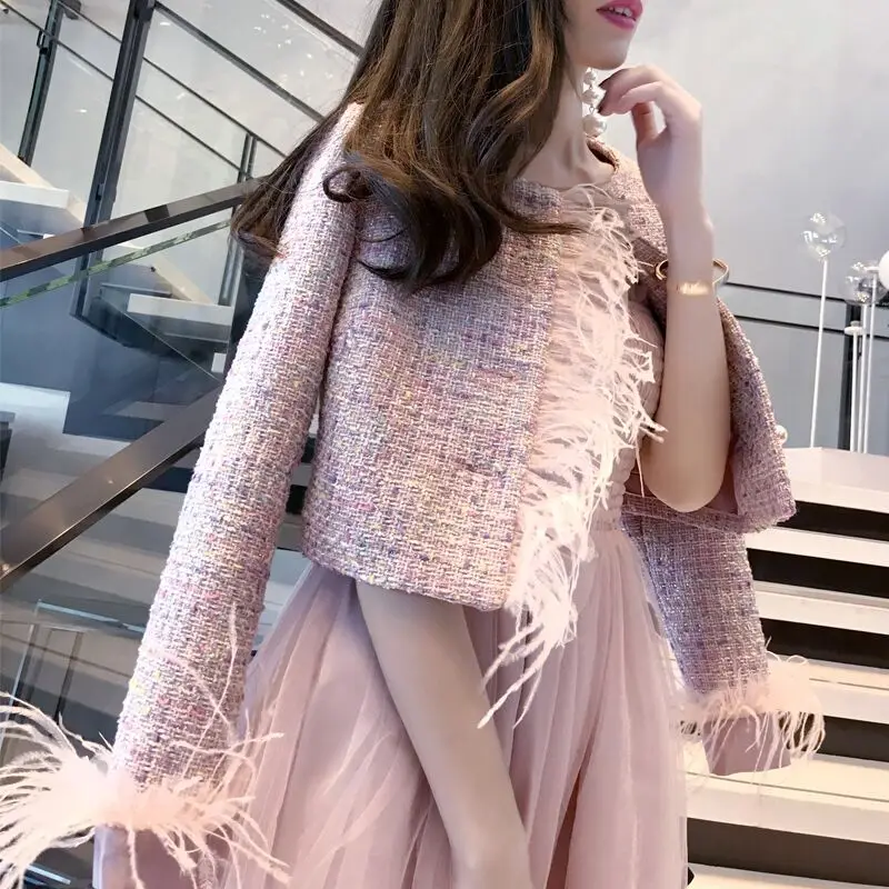 

Women's Luxury Muti-Colored Short tweed jacket 2019 runway long sleeve Feather Panel high quality elegant formal coat