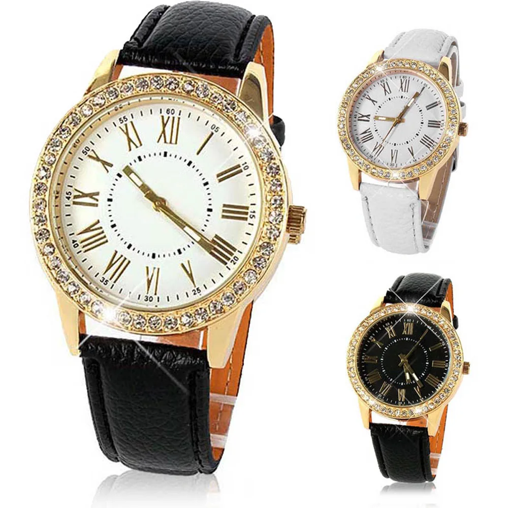 

Mens Womens Watches Top Brand Luxury Bling Gold Crystal Women Leather Strap Roman Numerals Geneva Quartz Wrist Watch Women Men