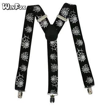 

Winfox Black White Male Suspender Adjustable 3.5cm Wide Y-Back Spider Web Suspenders For Mens