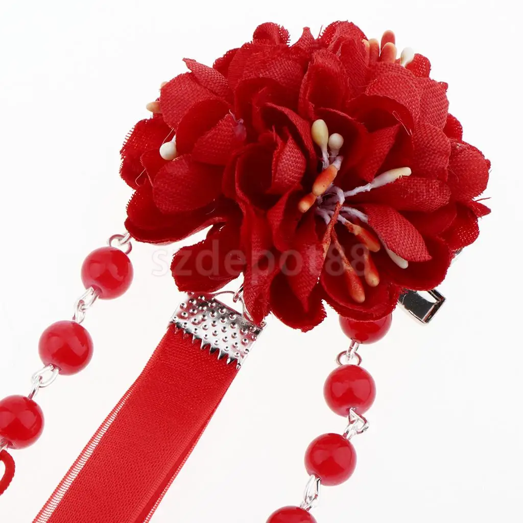 Ribbon Flower Chain Tassel Ancient Chinese Headdress Clip & Beads Dangle Earring Set Bridal Wedding Cosplay Party Hair Jewelry
