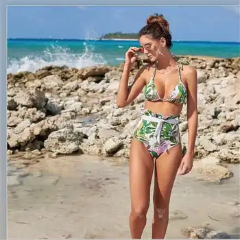 

Leaf Print Bikini Set Summer Halter Swimsuit High Waist Bathing Suit Backless Swimwear Two Piece Swimming Bathers