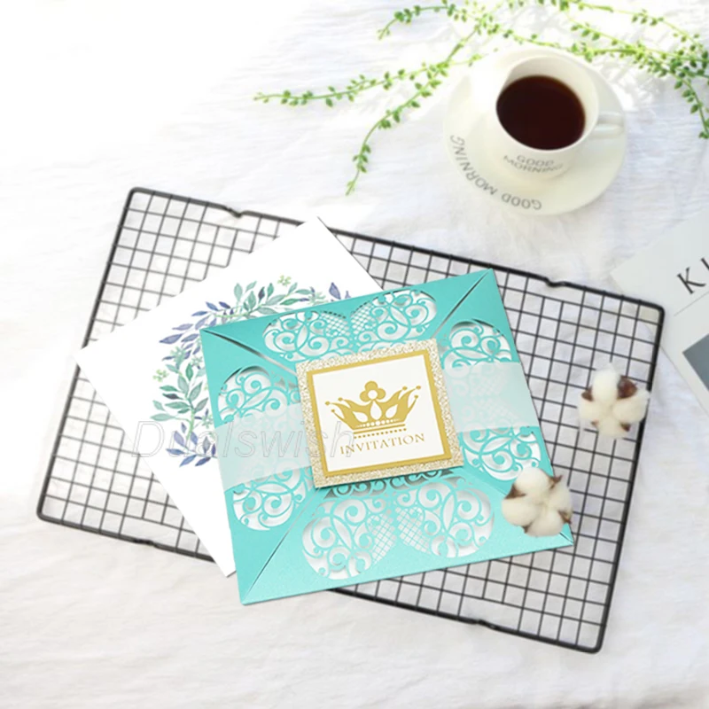 5sets Love Heart Design Wedding Invitations Card Laser Cut Teal Blue Cards Party Favors RSVP | Дом и сад