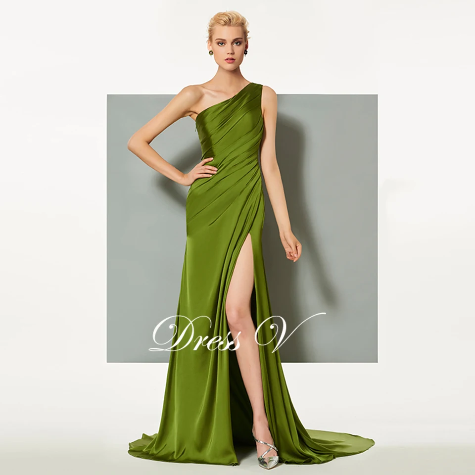 Dressv, зеленое элегантное вечернее платье, облегающее, со шлейфом, на одно плечо, с разрезом спереди, для свадьбы, вечеринки, торжественное платье, колонна, вечернее платье es