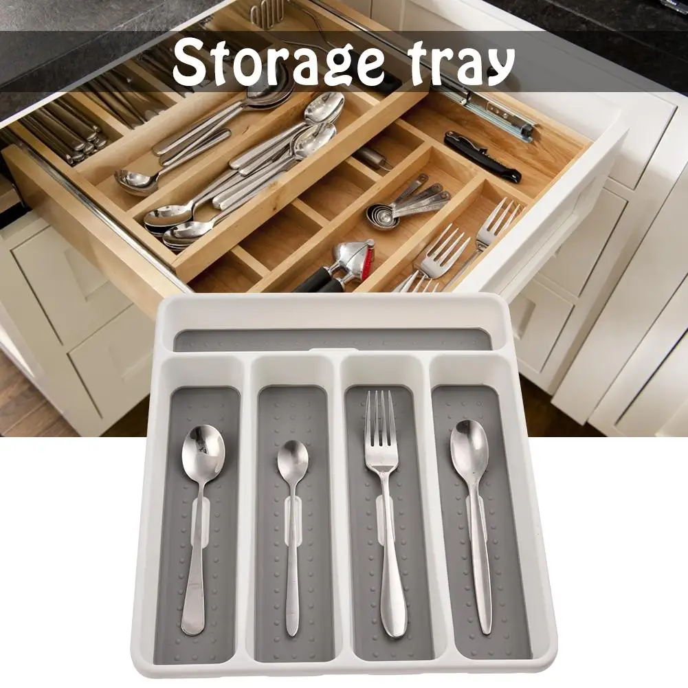 4-Grid Multifunction Drawer Organizer Kitchen Cutlery Storage Box Plastic Cutlery Tray Makeup Container Holder Box