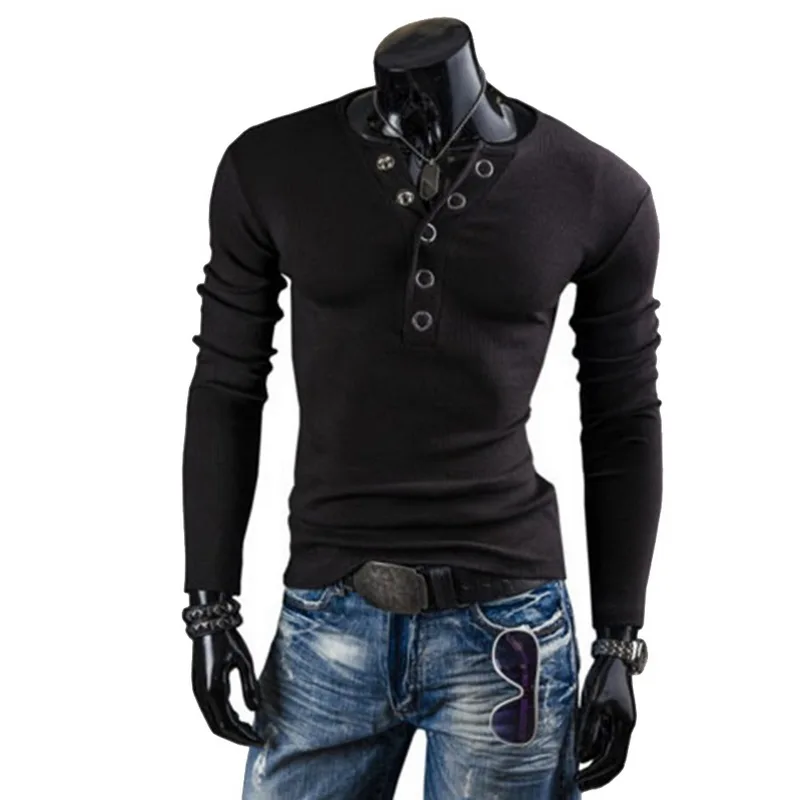 

LASPERAL 2019 Spring T Shirt Men Casual Button VNeck Long Sleeve T-shirt Fashion Solid Fitness Slim Tshirt Brand Streetwear Tops