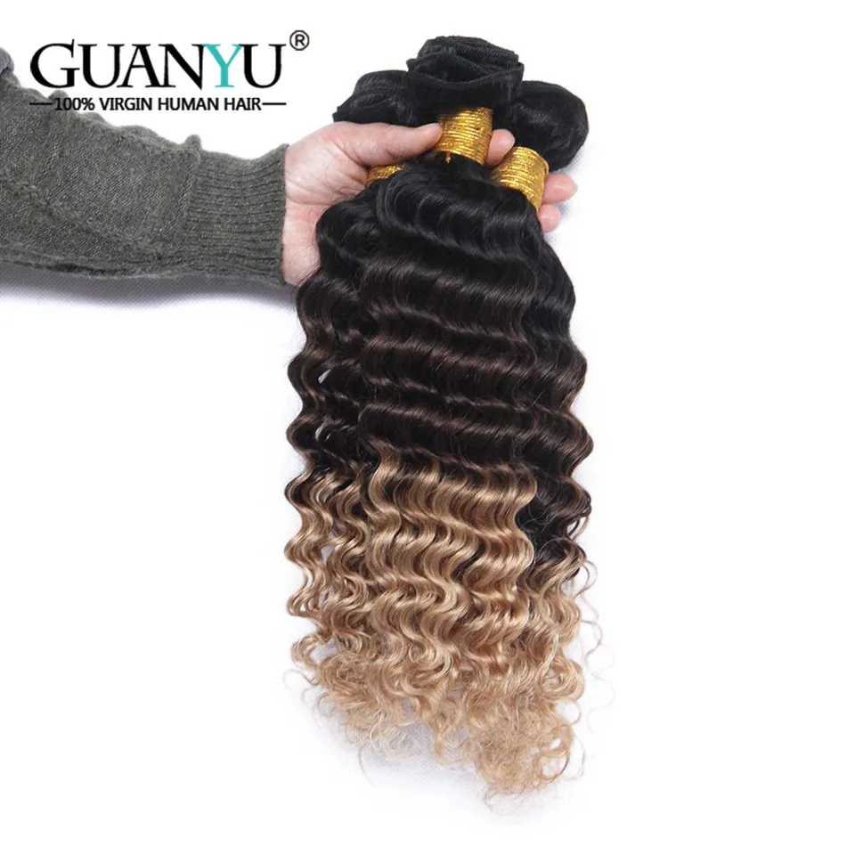 Guanyuhair 3bundles Ombre натуральные волосы с 13X4 кружева Фронтальная перуанский глубокая волна Связки 1B/4/27 Цвет Волосы remy ткет
