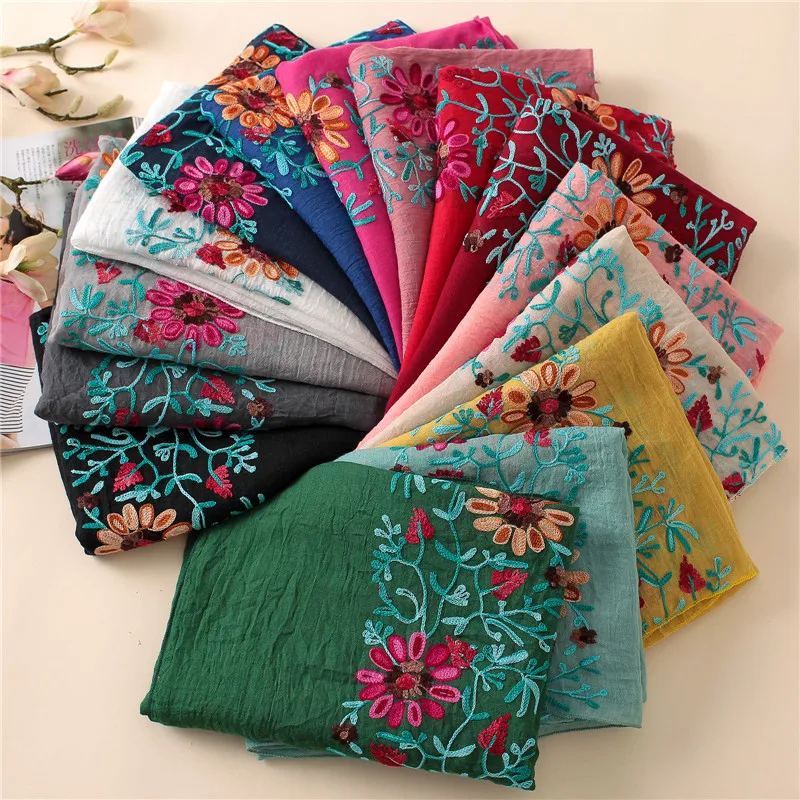 

2019 Plain Embroidered Floral Viscose Scarf Shawl From Indian Bandana Print Cotton Scarves and Wraps Foulards Sjaal Muslim Hijab