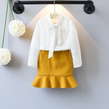 

Girls Autumn Clothes Set Long Sleeve White Blouse Shirt and Yellow Fishtail Pencil Skirt Elegant Kids Girl Clothing Set Spring